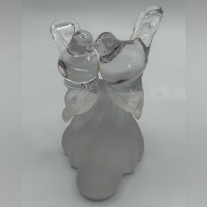 Romantic Art Glass Clear Love Birds on Frosted Wave Base Figure Light Glow 4X3”